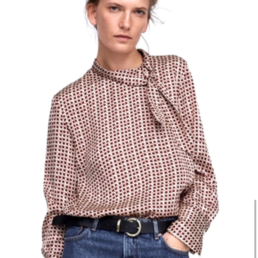 Zara Woman Geometric Print Tie-Neck Blouse, XS